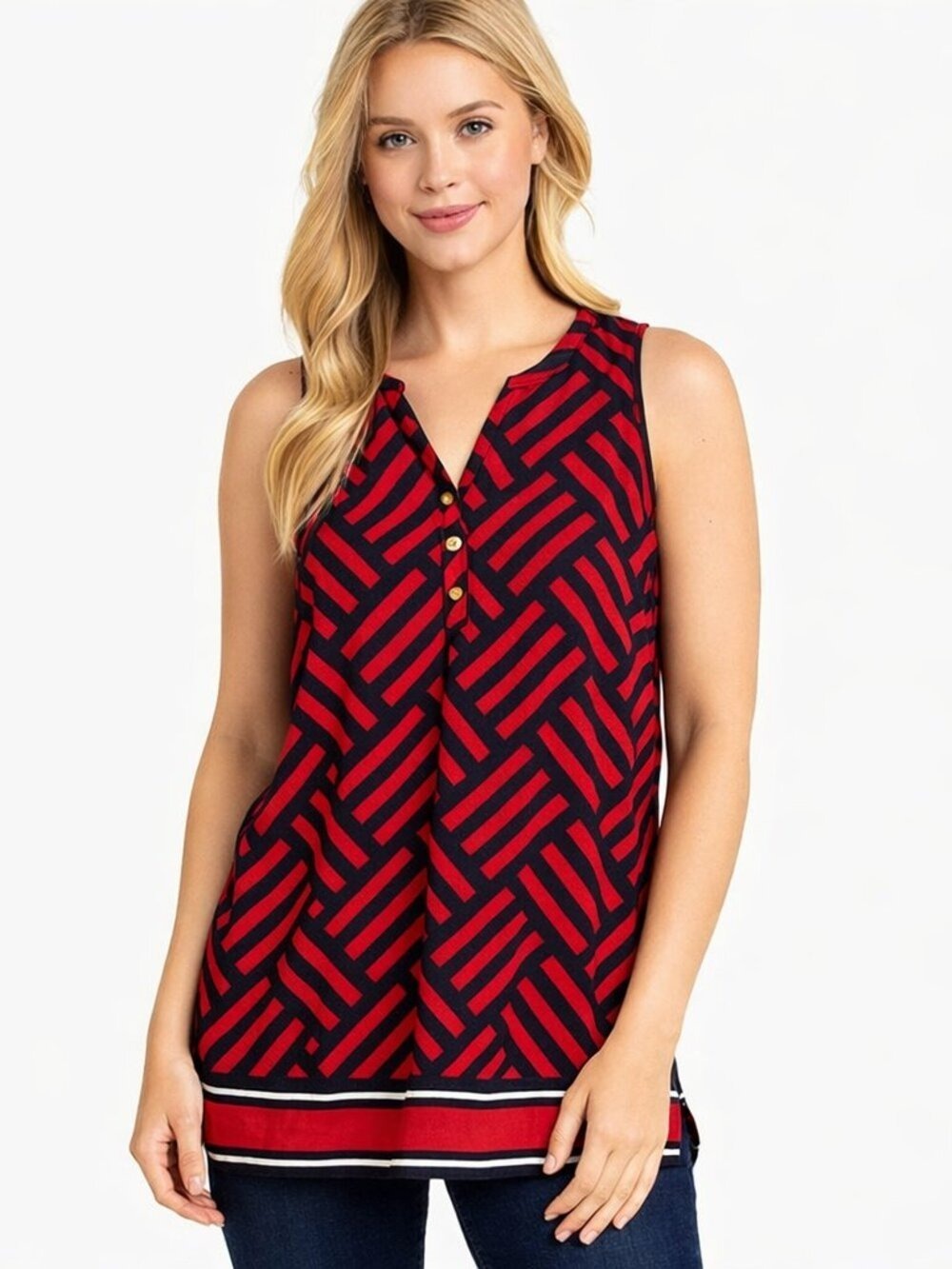 Mud Pie Geometric V-Neck Blouse Black Red Gold Statement Top M